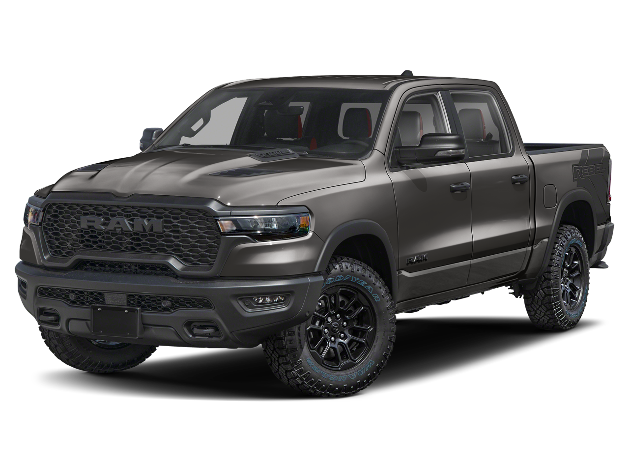 2026 RAM Ram 1500 RAM 1500 REBEL CREW CAB 4X4 5'7' BOX in Granite Crystal Metallic Clear-Coat Exterior Paint — front three-quarter view