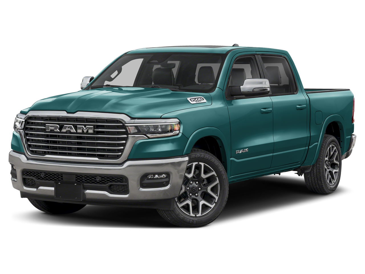 2026 RAM Ram 1500 RAM 1500 LARAMIE CREW CAB 4X4 5'7' BOX in Serrano-Green Metallic Exterior Paint — front three-quarter view