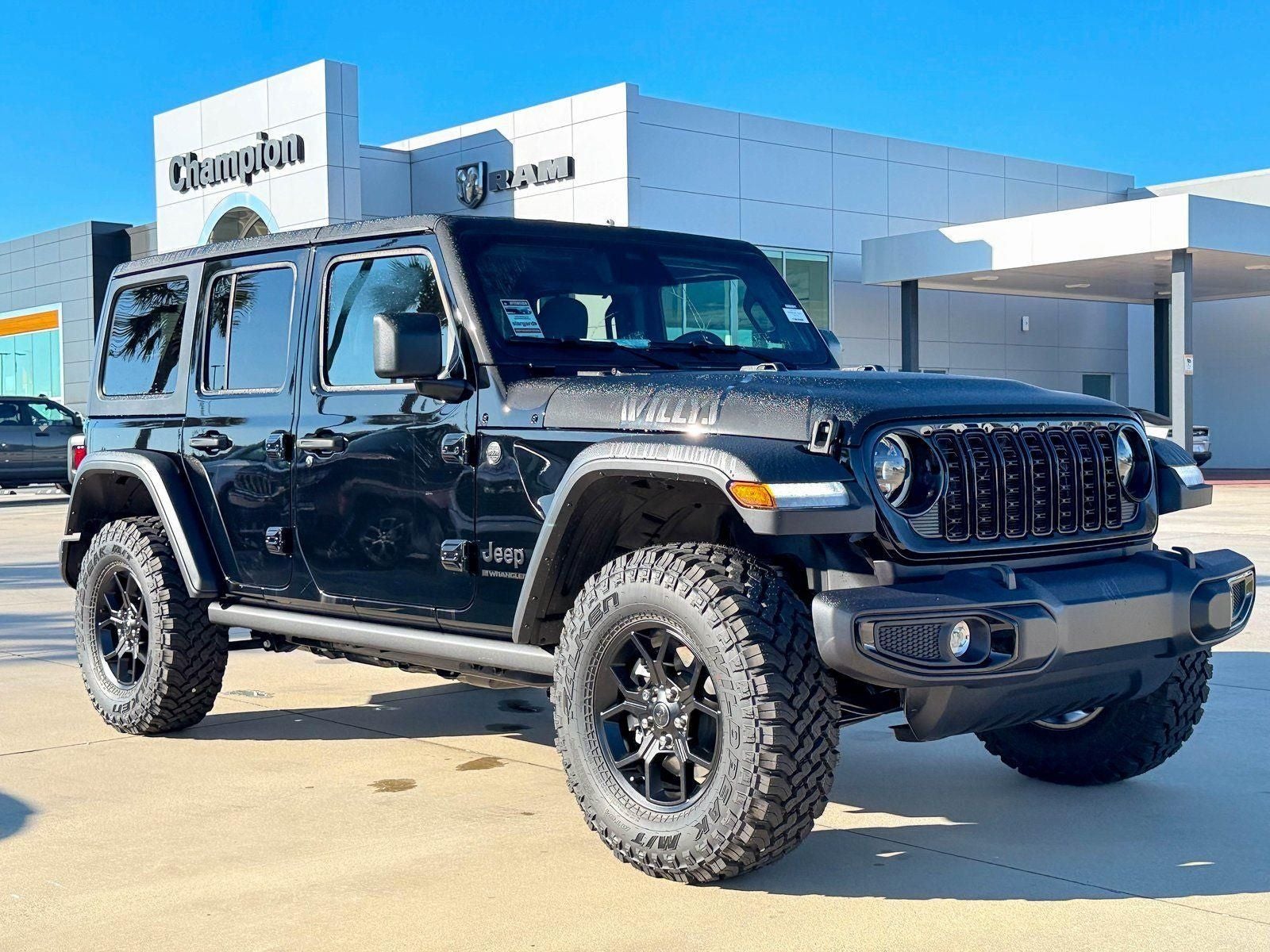 2026 Jeep Wrangler WRANGLER 4-DOOR WILLYS in Black Clear-Coat Exterior Paint — front three-quarter view