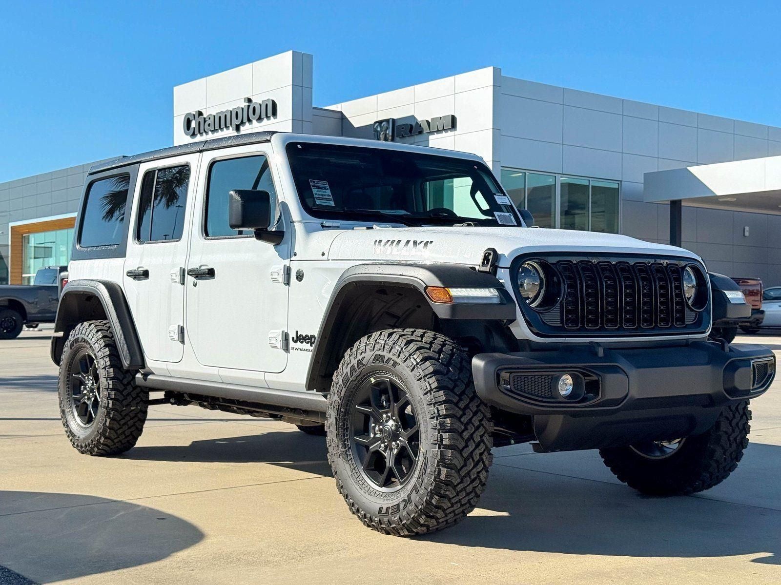 2026 Jeep Wrangler WRANGLER 4-DOOR WILLYS in Bright White Clear-Coat Exterior Paint — front three-quarter view