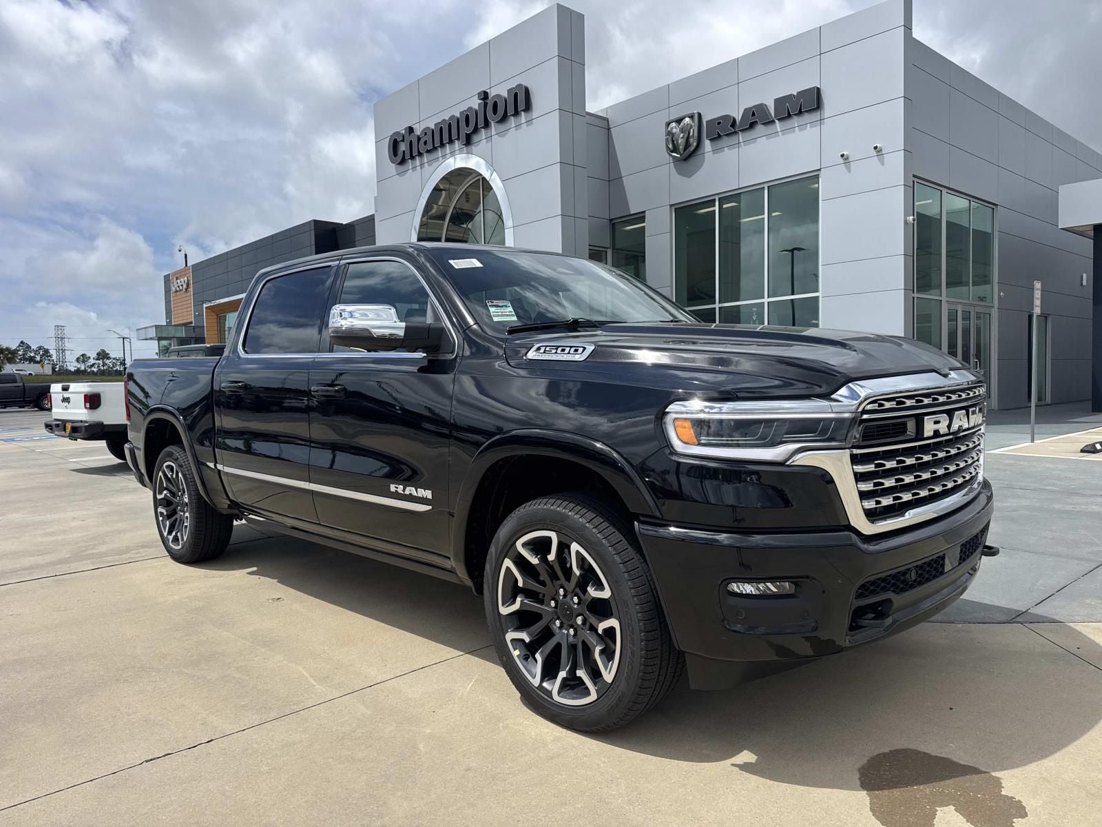 2026 RAM Ram 1500 RAM 1500 LIMITED CREW CAB 4X4 5'7' BOX in Diamond Black Crystal Pearl-Coat Exterior Paint — front three-quarter view