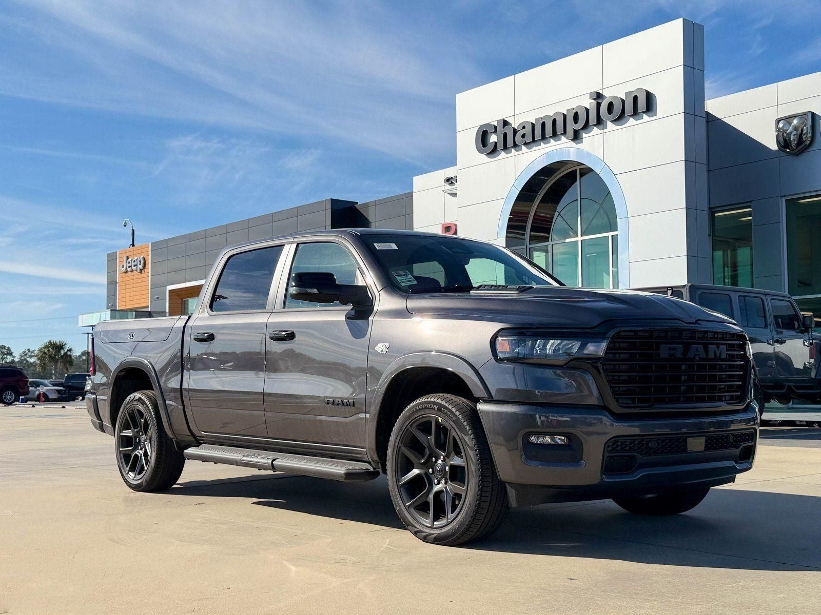2026 RAM Ram 1500 RAM 1500 LARAMIE CREW CAB 4X4 5'7' BOX in Granite Crystal Metallic Clear-Coat Exterior Paint — front three-quarter view