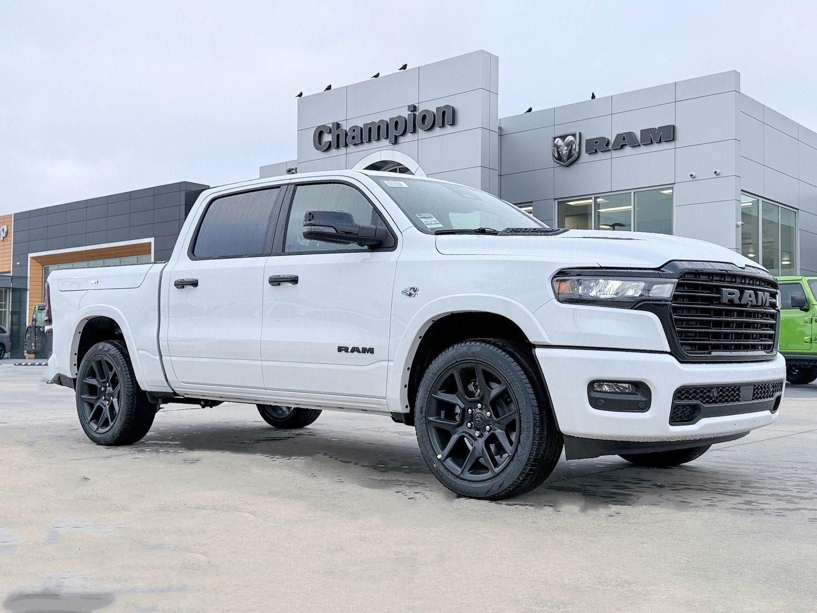 2026 RAM Ram 1500 RAM 1500 LARAMIE CREW CAB 4X4 5'7' BOX in Bright White Clear-Coat Exterior Paint — front three-quarter view