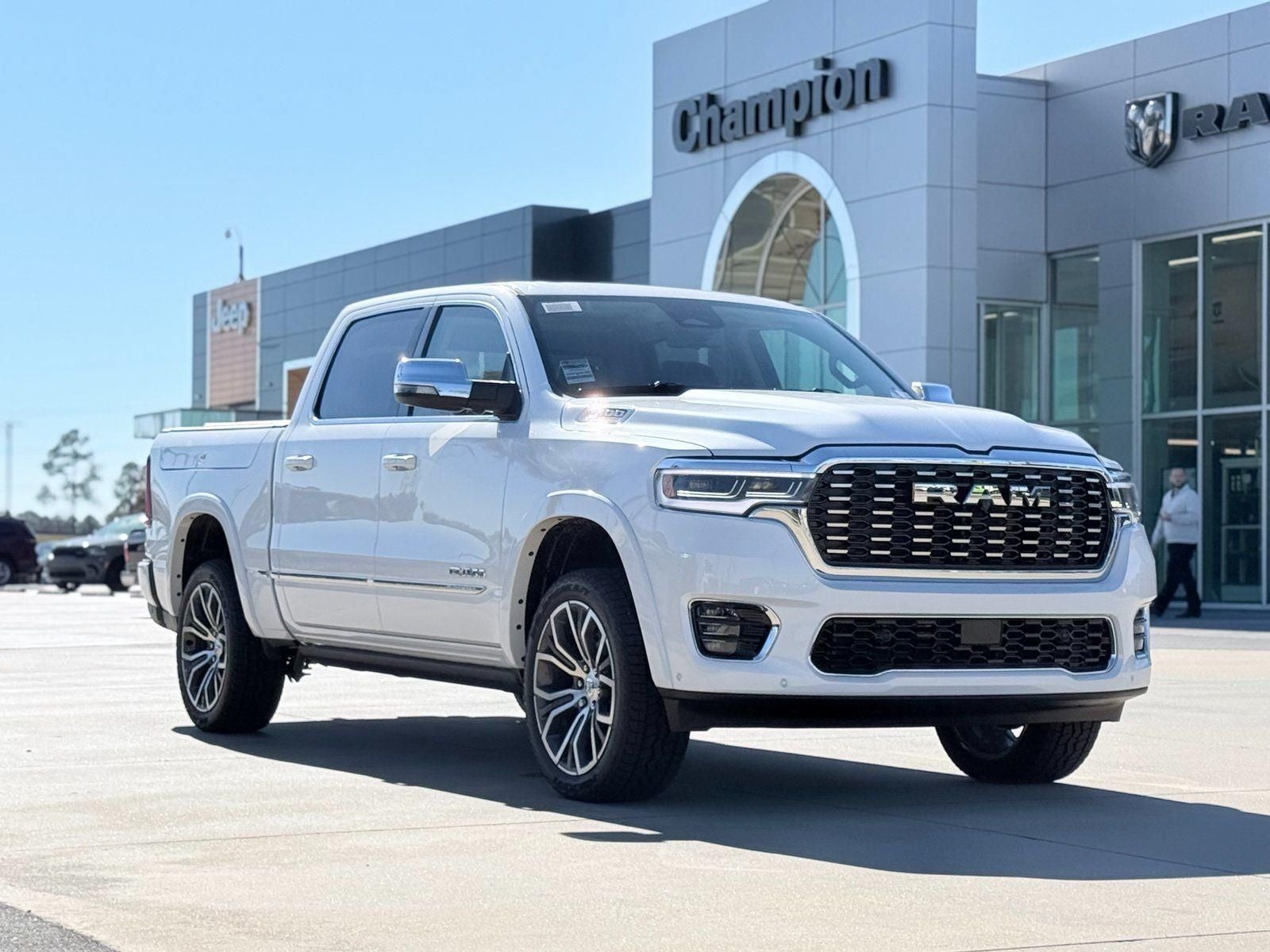 2026 RAM Ram 1500 RAM 1500 TUNGSTEN CREW CAB 4X4 in Ivory White Tri-Coat Pearl-Coat Exterior Paint — front three-quarter view